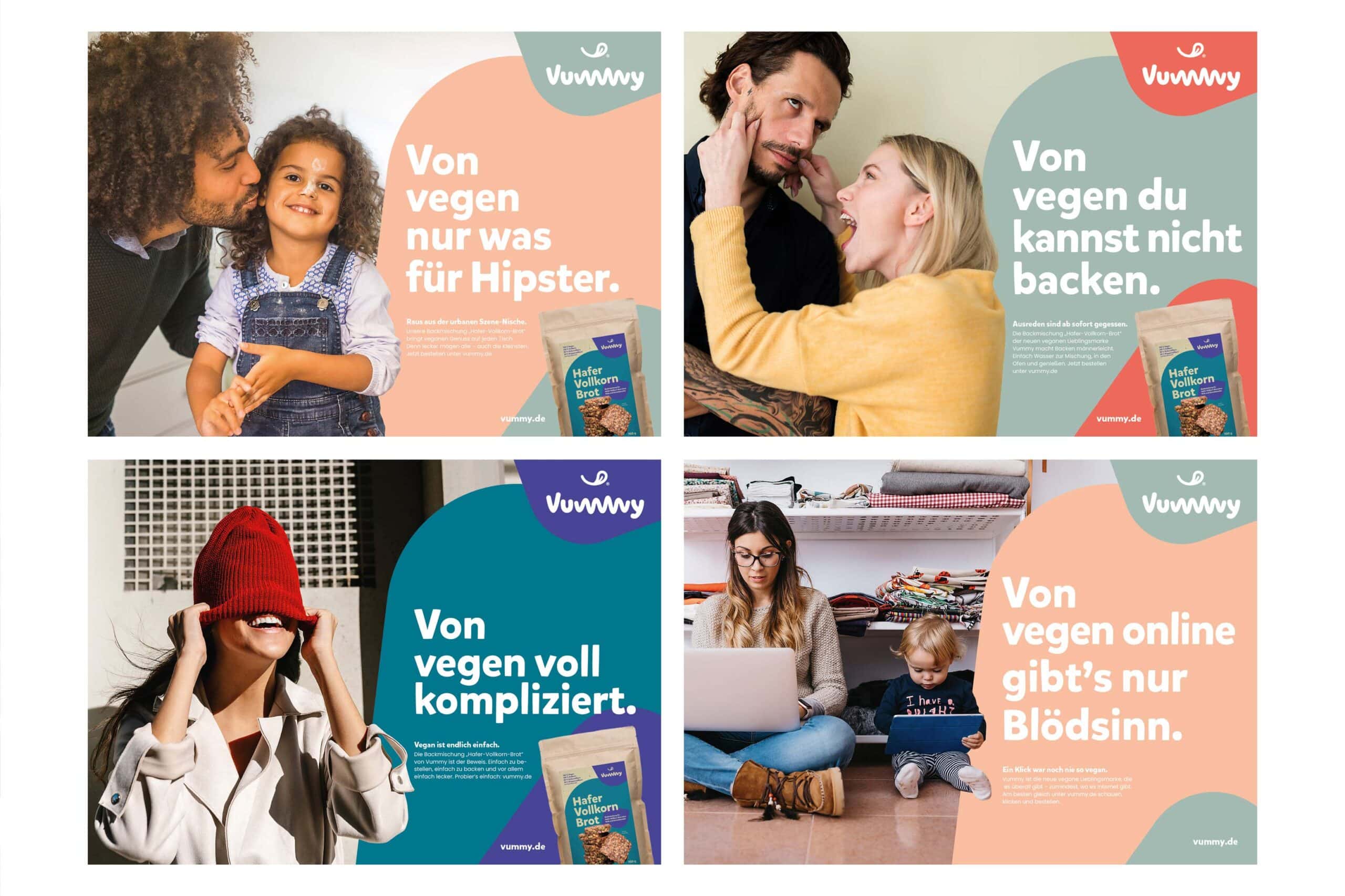 Vier Werbeplakate, die für Vummy erstellt wurden, auf denen verschiedene Slogans zusammen mit ihren entsprechenden Bildern die Marke repräsentieren