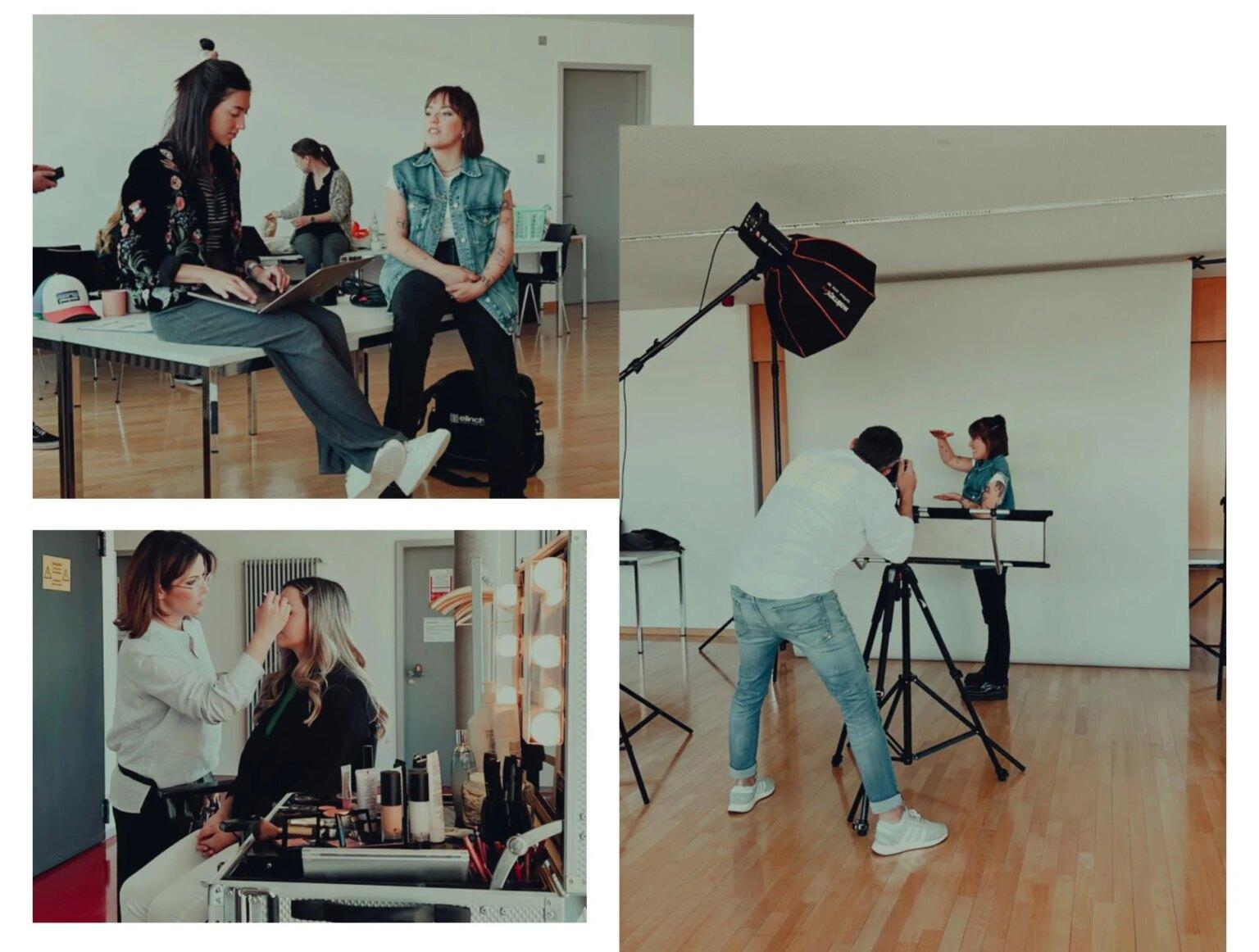 Collage von Bildern, die den Arbeitsprozess von Make-up, Management und Fotoshooting für die neue Kampagne der DHBW Villingen-Schwenningen zeigen