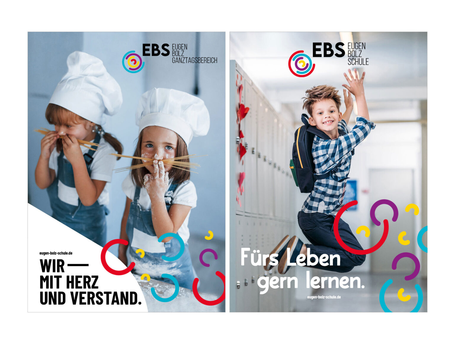 Zwei Plakate der Eugen-Bolz-Schule: Links Kinder als Köche, rechts ein springender Schüler. Spielerisches Lernen und Freude am Schulalltag mit bunten Designelementen.