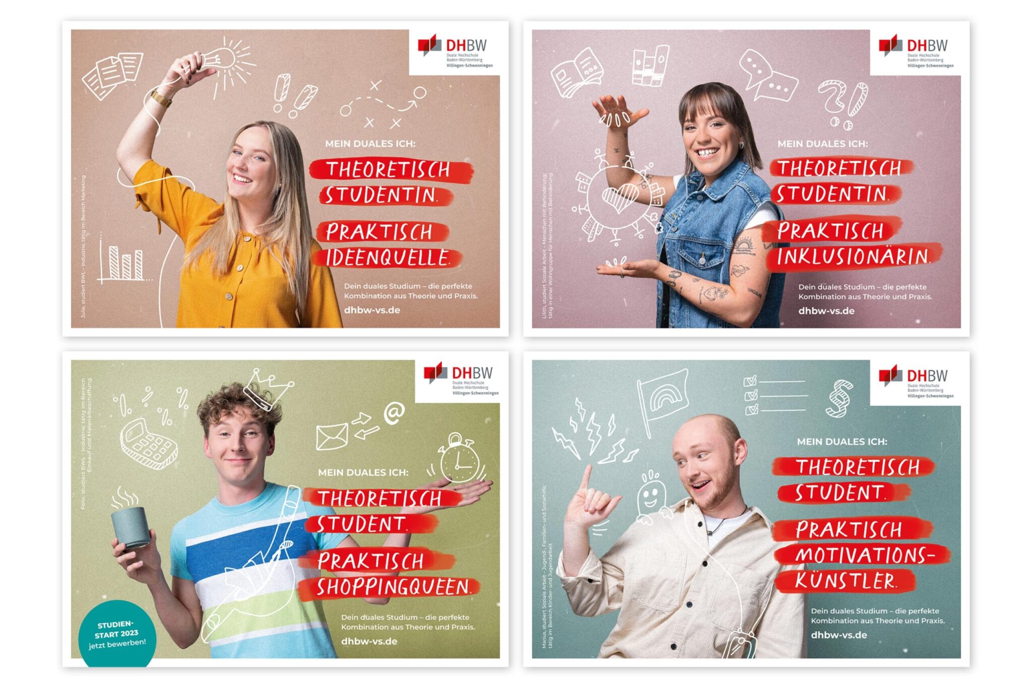 Eine Sammlung aus 4 Kampagnenvisuals. Zu sehen sind Studenten und ein passender Spruch zu diesen Personen.