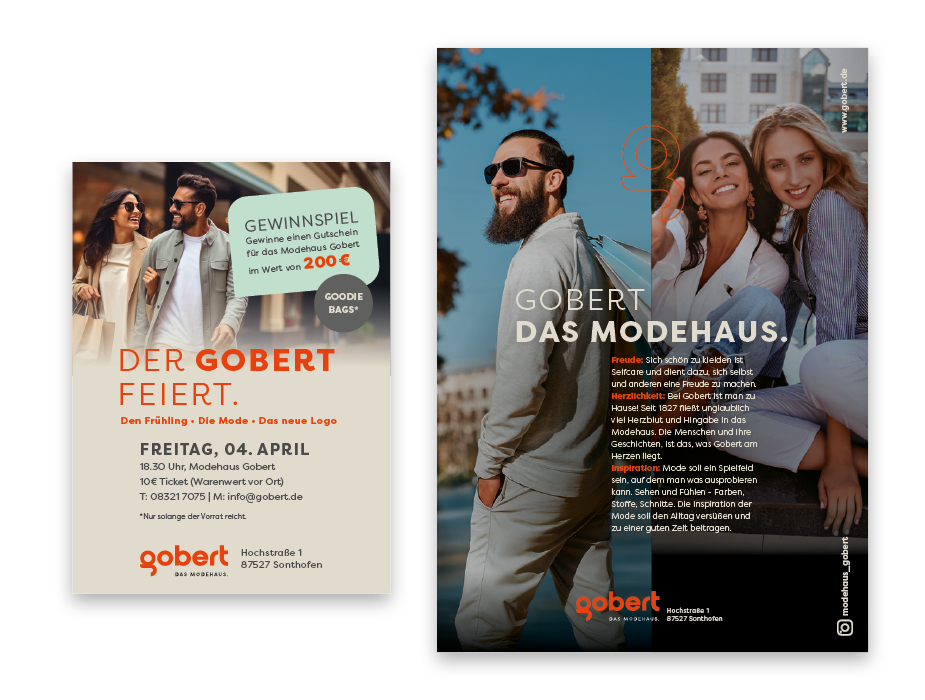 Zwei Werbeflyer des Modehauses gobert mit einheitlichem Corporate Design: modernes Layout, charakteristische Typografie bon gobert, warme Farbwelt und markante Bildsprache.