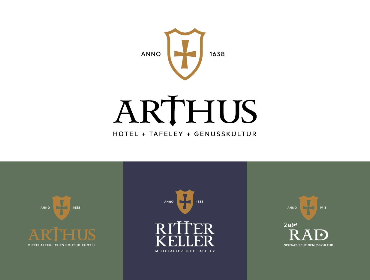 Vier Logodesigns mit Schilden im mittelalterlichen Stil mit Kreuzen, goldener und weißer Schrift und deutschem Schriftzug für die Hotels "Arthus", "Ritter Keller" und "Zum Rad", jeweils mit historischen Jahreszahlen.