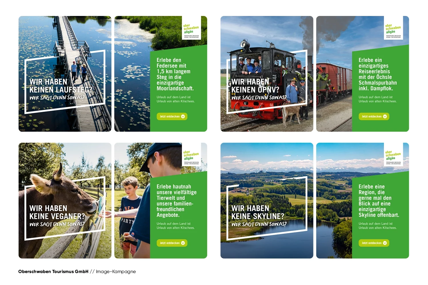Sechs Tourismusanzeigen mit malerischen Ausblicken, einem Zug, einer Kuh und Menschen, die die Natur genießen. Jede Anzeige enthält deutschen Text mit dem grünen Visit Oberschwaben-Logo und wirbt für die Aktivitäten und Landschaften der Region.