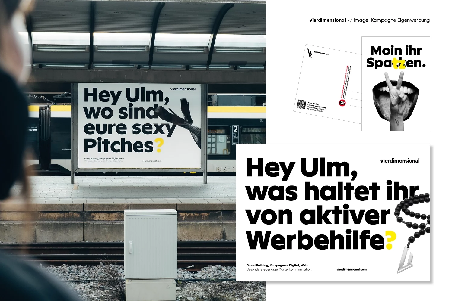 Ein Bahnsteig mit großen Schwarz-Weiß-Anzeigen, auf denen auffälliger deutscher Text, eine Halskette und eine Handgeste zu sehen sind. Rechts sind kleinere Versionen der Anzeigen mit ähnlichen modernen Designelementen abgebildet.