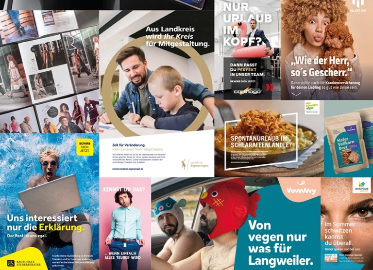 Eine Collage aus verschiedenen Werbeanzeigen, die einen Mann bei der Arbeit mit einem Kind, eine Person mit einem Laptop im Schwimmbecken, Menschen mit Tierhüten, Lebensmittelfotos und Werbetexte zeigen.