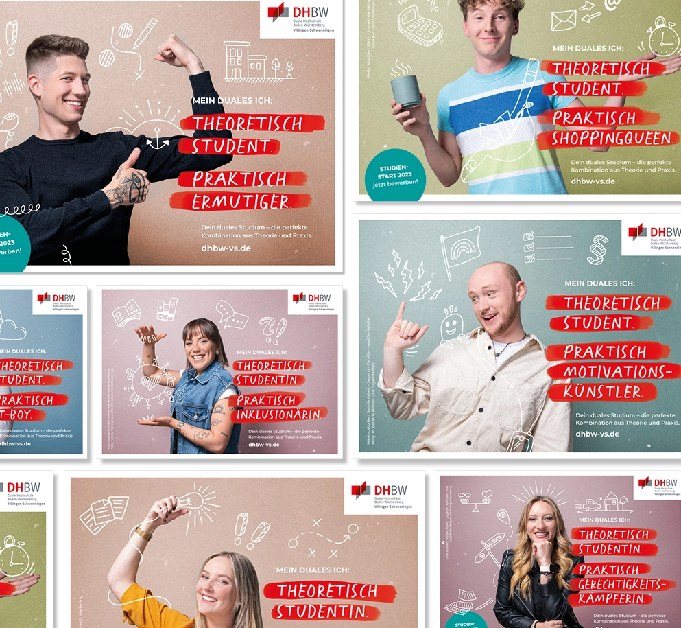 Eine Sammlung von DHBW-Werbeplakaten, auf denen vielfältige Studierende abgebildet sind, wobei ihre theoretischen Studieninhalte und praktischen Aufgaben textlich dargestellt werden.