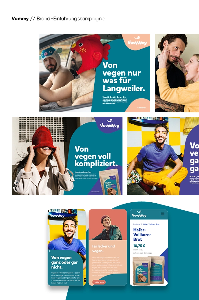 Collage aus Werbebildern und Screenshots der mobilen App für die vegane Marke Vummy, auf denen Menschen und Produktverpackungen zu sehen sind.
