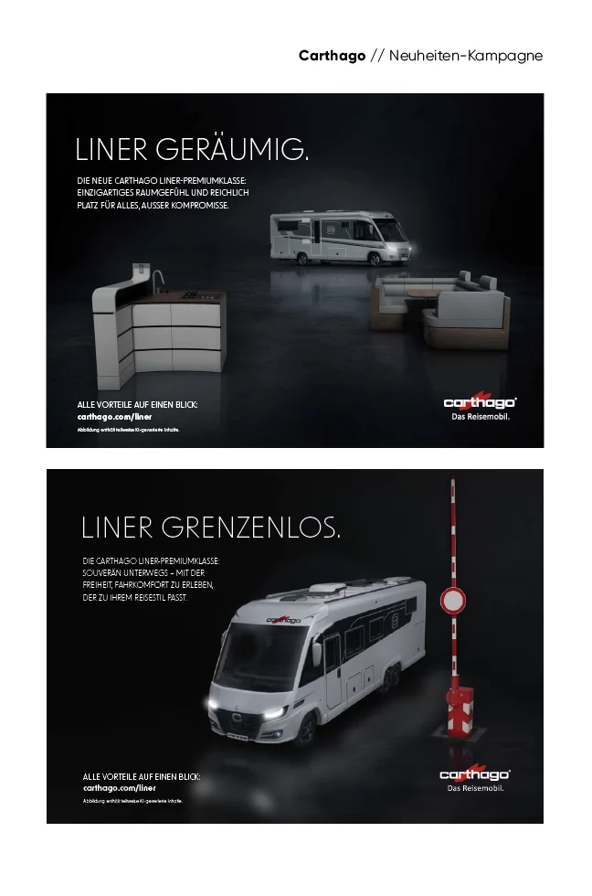 Zwei Werbefotos für Carthago-Wohnmobile mit Innen- und Außenansichten sowie deutschem Werbetext.
