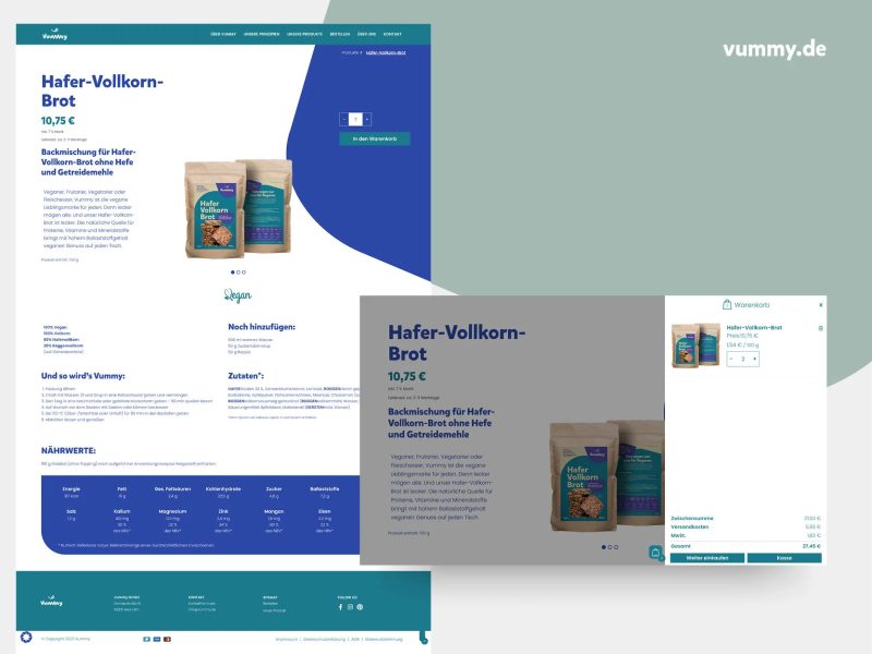 Mockup des Webprojekts für die Marke Vummy. Auf den Landing Pages werden die Produktseite und der Warenkorb angezeigt