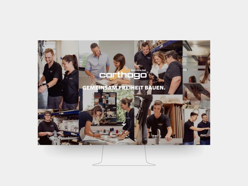 Mockup des Webprojekts Carthago Karriere Seite, auf dem der Header der Startseite zu sehen ist. Im Header ist eine Collage zu sehen, auf der verschiedene Mitarbeiter, Studenten und Praktikanten des Unternehmens unterschiedliche Aufgaben ausübe