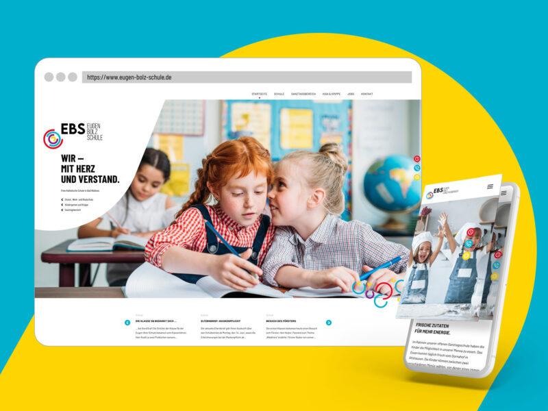Responsive Webdesign der Eugen-Bolz-Schule mit Desktop- und Mobilansicht, moderner Gestaltung und kinderfreundlichem Look für eine ansprechende Nutzererfahrung.