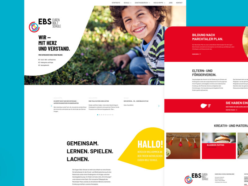 Website-Design der Eugen-Bolz-Schule mit modernen Elementen, klarer Struktur und Fokus auf Bildung, Elternarbeit und kreative Lernangebote.